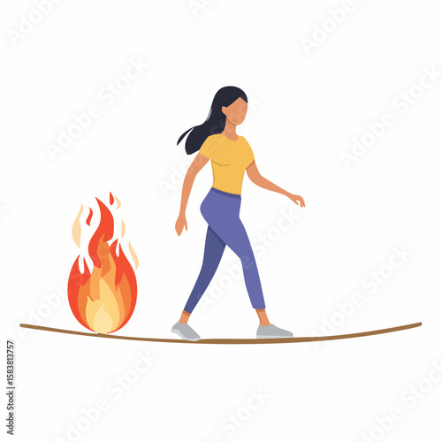 Woman walking on a tightrope that is a burning fuse near a fire