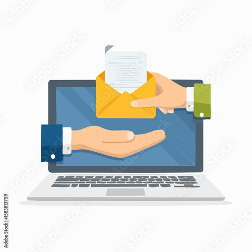 Hands exchanging an email envelope through a Laptop computer screen