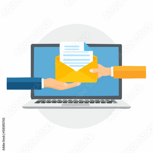 Hand passing virtual envelope on Laptop computer screen interface