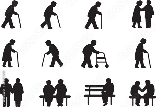Collection of elderly people silhouettes showing various activities and mobility aids isolated on transparent background