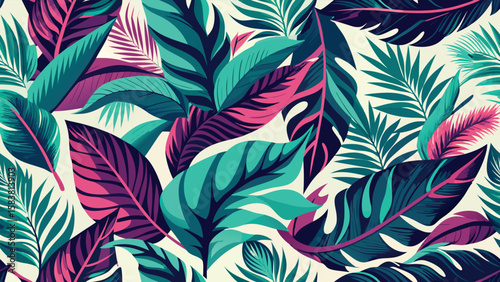 Vibrant teal and magenta tropical leaf pattern; lush, exotic, summery design; seamless repeat for textile, wallpaper, or fashion.