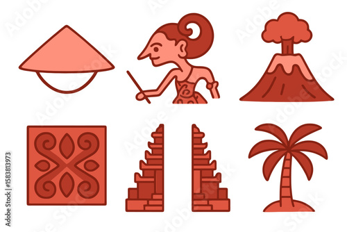 Indonesian icons in light and dark red shades: rice hat, wayang puppet, volcano, batik, temple gate, palm tree. Flat cartoon style on transparent.