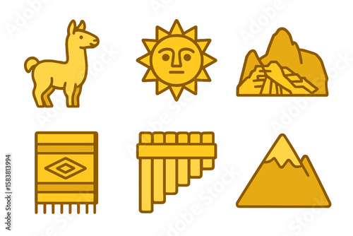 Peruvian icons in light and dark yellow shades: llama, sun, Machu Picchu, textile, pan flute, mountain. Flat cartoon style on transparent.