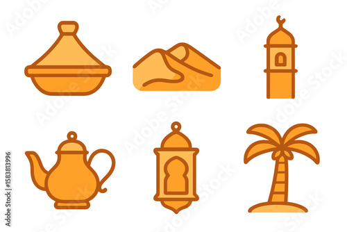 Moroccan icons in light and dark orange shades: tajine pot, dunes, mosque, tea pot, lantern, palm tree. Flat cartoon style on transparent.