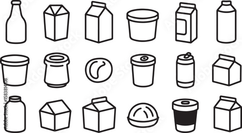 Collection of simple outline icons representing various beverage containers like bottles cartons cups and cans isolated on transparent background