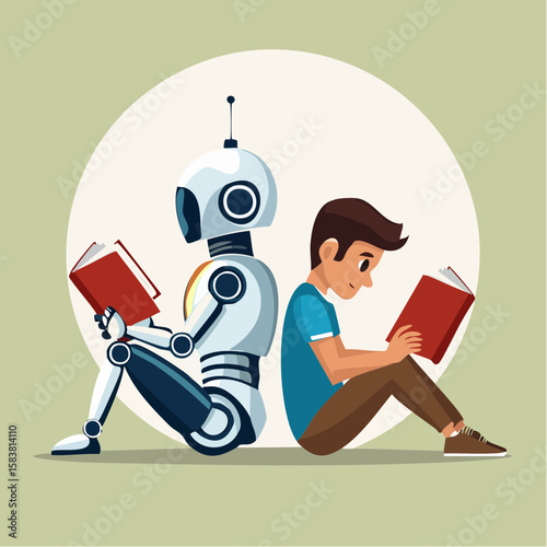 Robot and boy enjoy reading a book together back to back