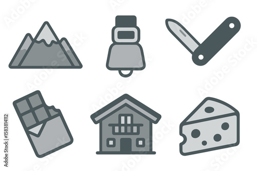 Swiss icons in light and dark gray shades: alps, cowbell, knife, chocolate, chalet, cheese. Flat cartoon style on transparent.