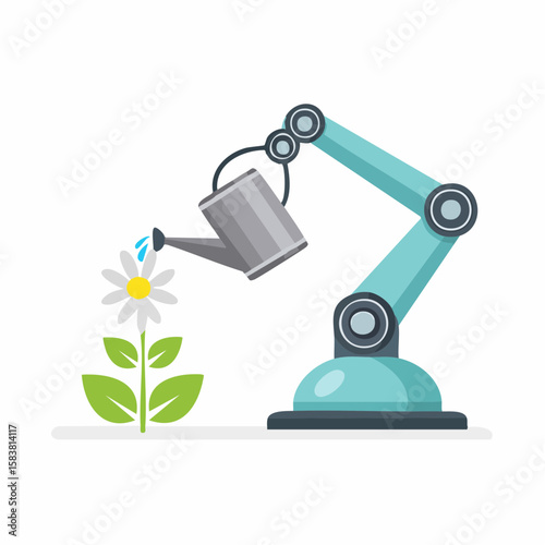 Robot arm tending to a white flower with a watering can indoors
