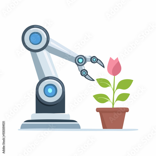 Robot arm tending to a flower in a pot, showcasing precision