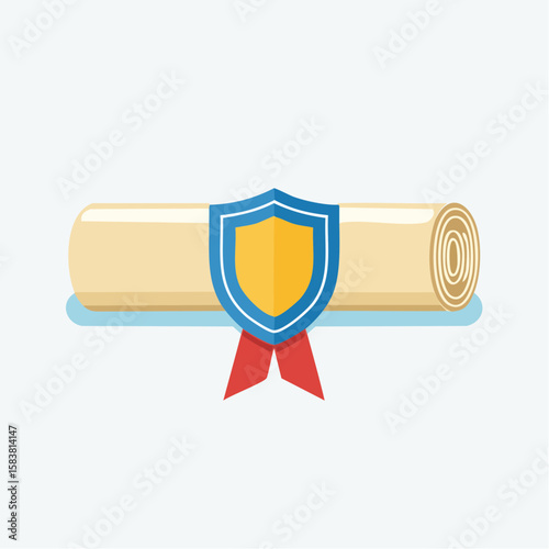 Rolled legal document with ribbon and a shield on a plain surface