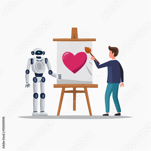 Human demonstrates heart painting to robot on canvas at art studio