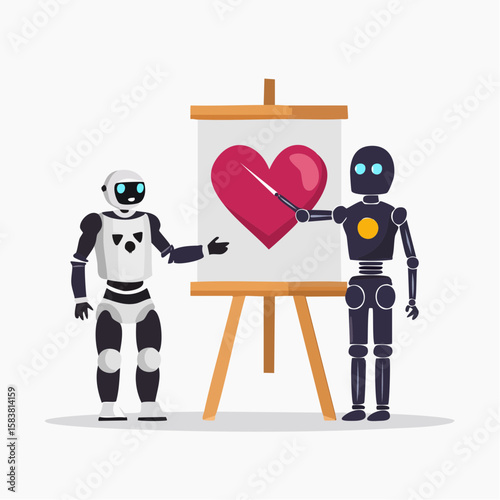 Robot observes robot create heart painting on canvas during daytime