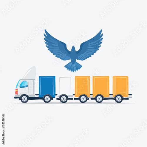 Trucks and flying last trailer takes off into sky above