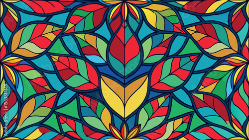 Vibrant stained-glass style leaf pattern; bright, colorful, and symmetrical design; joyful, energetic mood.