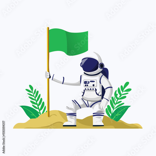 Astronaut establishes New World planting Flag with Green Leafy Banner