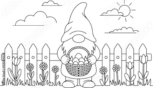 Black and white Easter gnome holding basket of eggs near fence flowers and sun