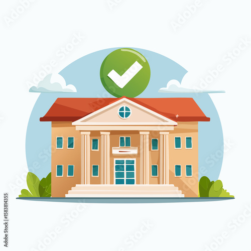 Courthouse approval with checkmark as a roof located in a City on sunny day