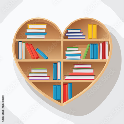 Books arranged on a heart shaped bookshelf on a light background