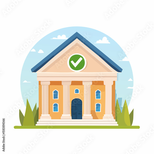 Courthouse illustration with checkmark. Building approval illustration