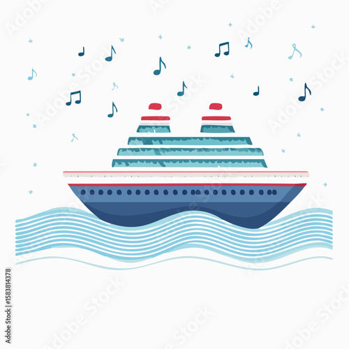 Cruise ship sailing on waves of musical notes creates a melody
