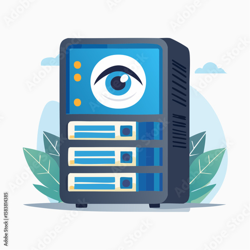 Data server with a human eye illustrating ai monitoring and surveillance
