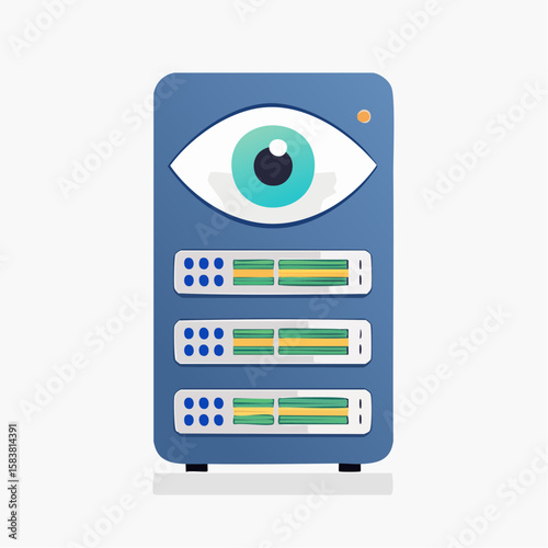 Blue data server with human eye symbolizing artificial intelligence monitoring