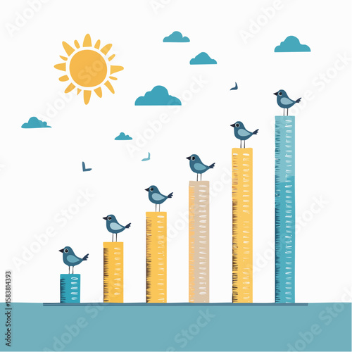 Growth chart on wall with bird measurement lines under sun and clouds