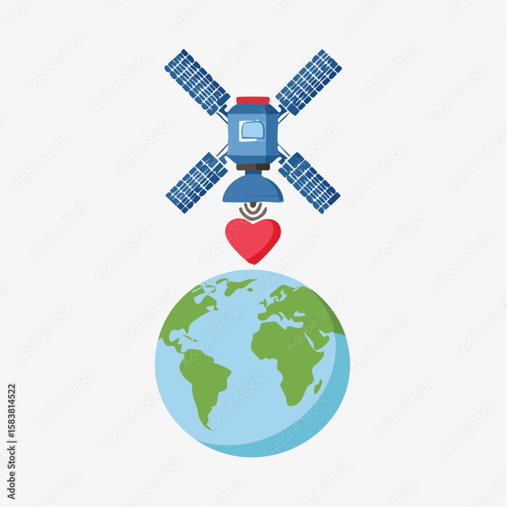 Fototapeta premium Satellite transmits heart to Planet Earth from Outer Space with Love