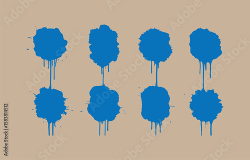 Collection of eight blue ink splatter drops with dripping effect isolated on transparent background