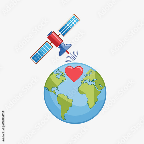 Satellite in orbit above earth sending heart symbol down to world