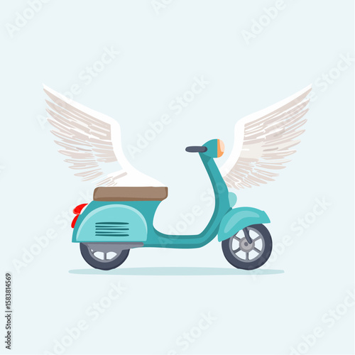 Teal motor scooter with pair of white wings against a pale background