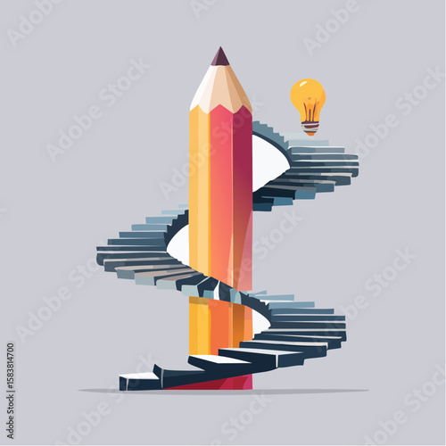 Spiral staircase around giant pencil leading to glowing lightbulb