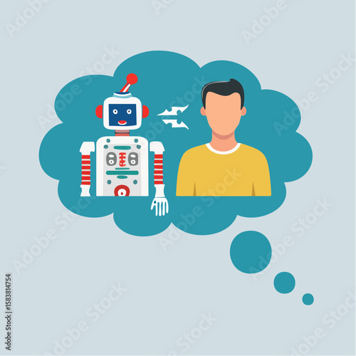 Human icon and robot icon having a conversation in thought bubble