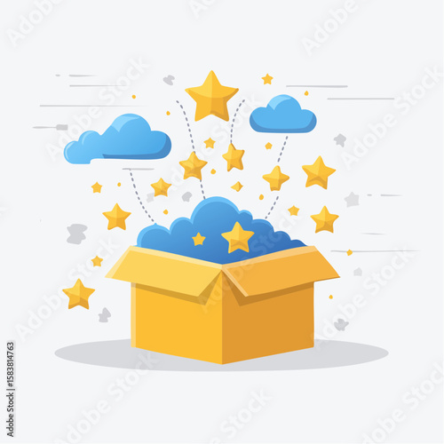 Toy box filled with stars and clouds exploding outward on a grey background