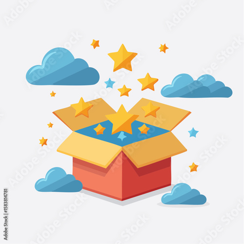 Open box filled with yellow Stars and Blue Clouds Illustration