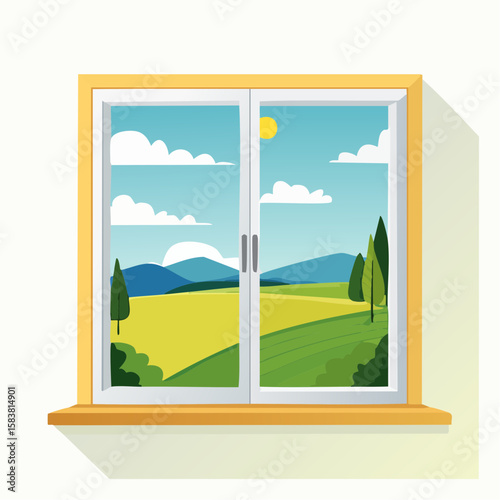 View From window Frame Of Landscape Painting With Yellow Field