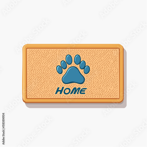 Tan welcome mat with word Home and a blue paw print for the letter O