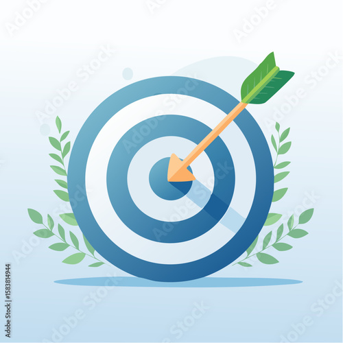 Arrow with leaves strikes bullseye on target, symbolizing growth at a goal