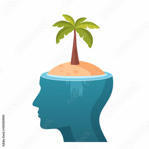 Human head submerged underwater forming island with palm tree