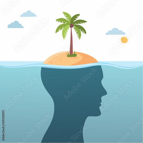 Palm tree on an island atop a submerged human head in the ocean