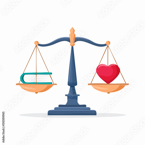 Scales of justice balancing a book and a human heart on equal sides