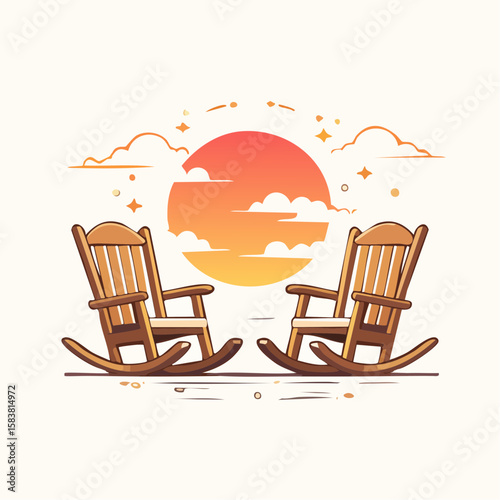 Two rocking chairs offer a view of sunset on a front porch in evening