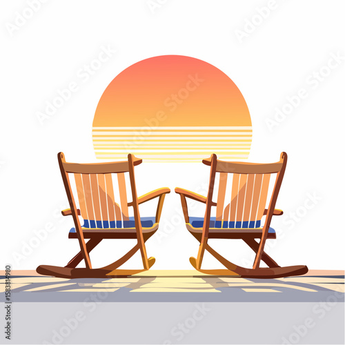 Two rocking chairs face an evening sunset on a wooden porch