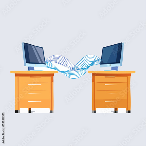 Two workstations on wooden desks linked by flowing Data Stream