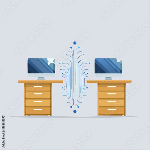 Two desks Connected with a Glowing Data Stream Illustrates Network Communication