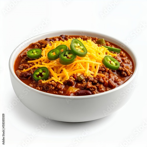 Hearty chili con carne bowl topped with cheddar and jalape?os, a spicy culinary delight on white background