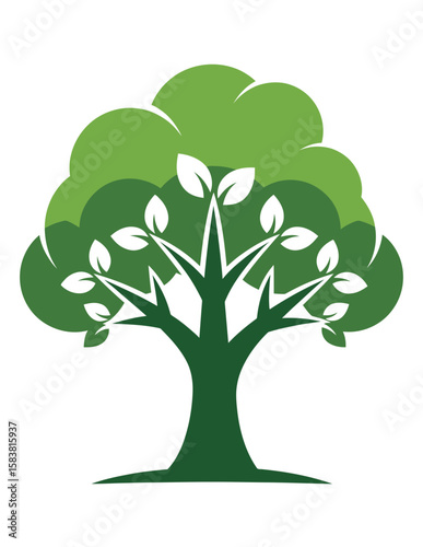 Stylized green tree illustration, simple design, leaves, branches, nature symbol.