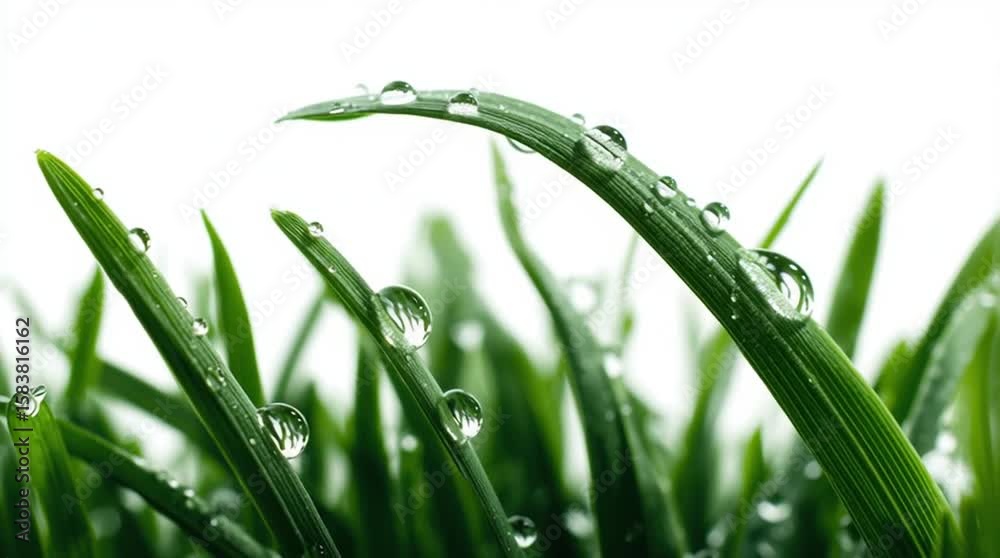 Macro closeup of clear water droplets on a blade of green grass against a white background