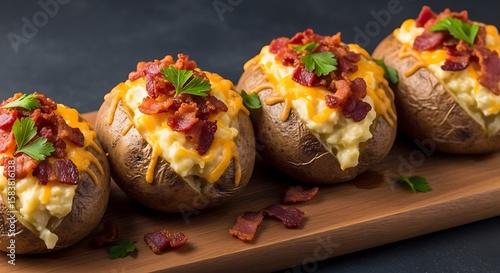 Delicious twice baked potatoes with cheese and bacon on a wooden board