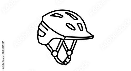 A simple black and white line drawing of a bicycle helmet with visible ventilation holes and adjustable straps.
